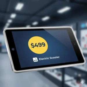 Close-up of a digital screen displaying a price tag for an electric scooter under 500. 