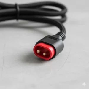 Close-up view of the 24v electric scooter battery charger connector, showing the T-plug (or specific plug type) design.