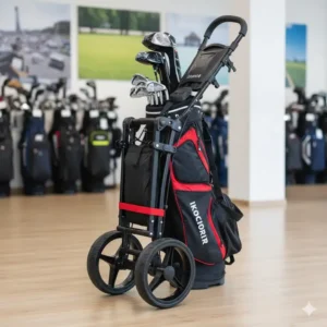 Compact, folded 3 wheel push golf cart displayed next to a golf bag, highlighting its small storage footprint.