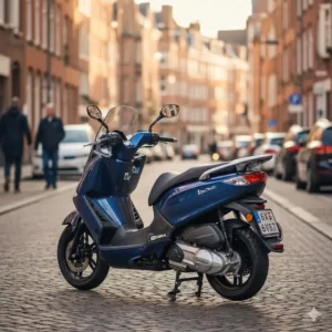 A couple riding a 2 seater scooter street legal through a park on a sunny day.