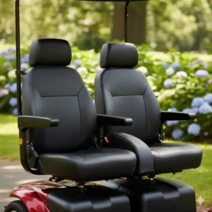 Close-up view of the dual seats on a heavy-duty 2 seater mobility scooter.