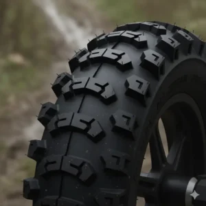 "Close-up view of a knobby, aggressive tread pattern on an electric scooter off road tires, designed for maximum grip on challenging surfaces."