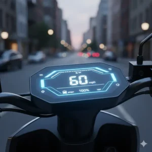 Close-up of the digital display of a fast electric scooter 60mph, showing the exact speed reading on the dash.