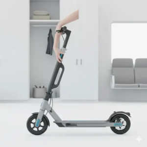 Demonstrating the easy folding mechanism of a lightweight 2 wheel electric scooter, perfect for commuting and storage.