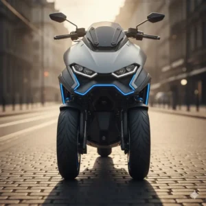 Close-up front view of the unique dual wheel system on a scooter with two wheels in front.