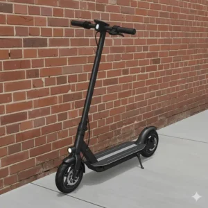 Sleek black adult 2 wheeled stand up scooter parked against a brick wall, highlighting its deck and handlebars.