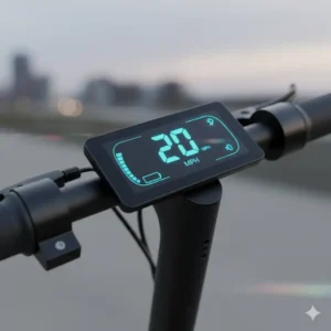 Close-up of a digital display showing a 20 mph scooter speed. 