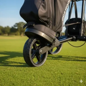 A close-up view of the durable 2 wheels of the 2 wheel golf push cart.