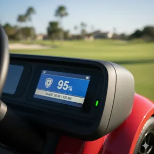 Digital display showing the long-range battery indicator on the dashboard of a 3 wheel electric golf cart.