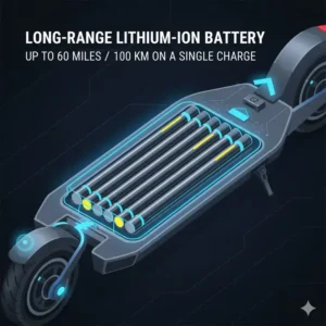 Long-range battery system of a 30 miles per hour electric scooter for extended rides. 