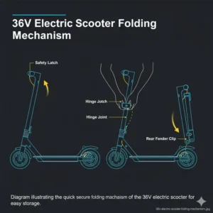 Diagram illustrating the quick and secure folding mechanism of the 36V electric scooter for easy storage.