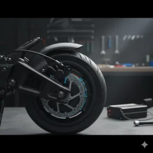 View of the dual motor system that powers the 70 mph electric scooter for sale with high torque.