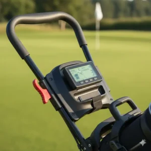 Close-up of the adjustable handle and scorecard console on a quality 3 wheel golf trolley, showing the braking system.