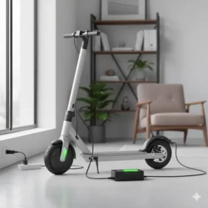 An illustration showing a 24v electric scooter battery charger safely plugged into a wall outlet and charging a scooter indoors.