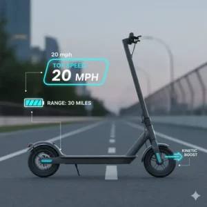 An illustration highlighting the battery range and top speed of a 20 mph commuter scooter. 