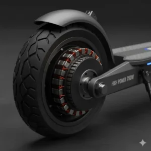 Close-up view of a powerful hub motor on a 2 wheel electric scooter, highlighting the high wattage for performance.