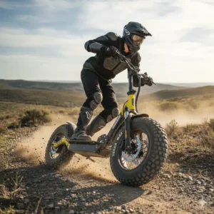 "An electric scooter off road tires easily traversing a gravel path, demonstrating stability and traction."