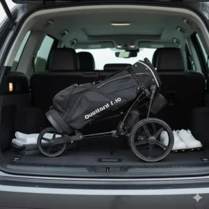 The compact, fully folded 2 wheel golf push cart ready for storage or transport.