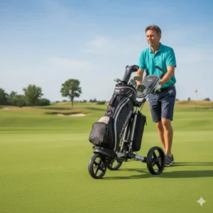 Golfer using a 2 wheel golf buggy to push their bag along the fairway toward the next hole.