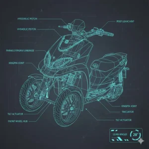 Diagram illustrating the tilting mechanism that allows the dual front wheels of the scooter with two wheels in front to lean into turns.