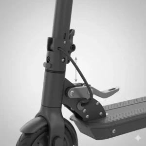 Close-up of the robust folding mechanism on a 2 wheeled stand up scooter, showing ease of storage.
