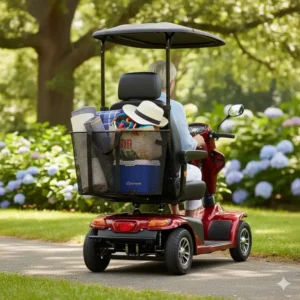 2 seater mobility scooter with a large rear basket for ample storage.