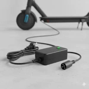 Electric scooter battery is being charged using the new 3 prong scooter charger while the LED shows green.