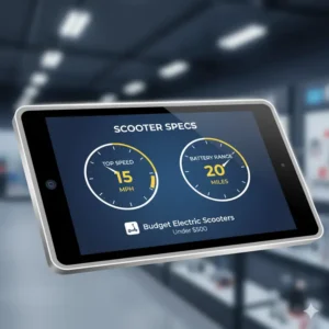 Infographic showing the top speed and battery range for budget electric scooters. 