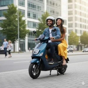 A couple riding a sunny urban street on a 2 seater electric scooter, showing its utility. 