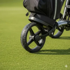 Close-up of the large, durable, all-terrain wheels on the 2 wheel golf buggy designed for stability and smooth rolling.