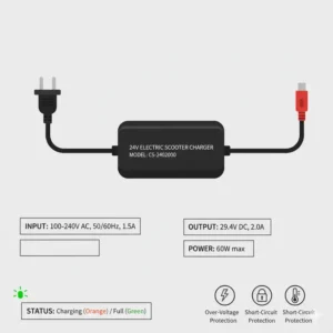Diagram detailing the input and output specifications of a reliable 24v electric scooter battery charger.