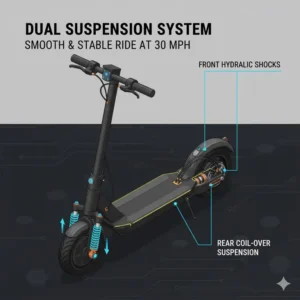 Advanced suspension system of a 30 miles per hour electric scooter ensuring a smooth ride. 