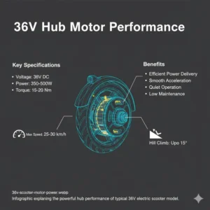 Infographic explaining the powerful hub motor performance of a typical 36V electric scooter model.