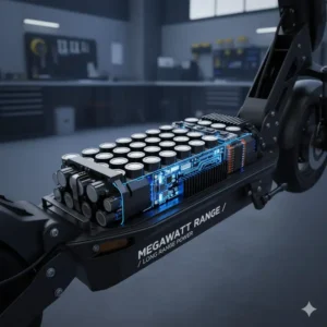 Cross-section view of the long-range battery cells inside the deck of the 70 mph electric scooter for sale.