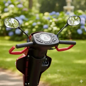 Easy-to-use control panel and tiller on a durable 2 seater mobility scooter.