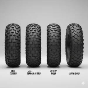 "A display showcasing various types of electric scooter off road tires, highlighting different tread designs and sizes for diverse terrains."