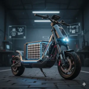 Diagram showing the high-capacity battery pack for a fast electric scooter 60mph model, detailing long-range performance.