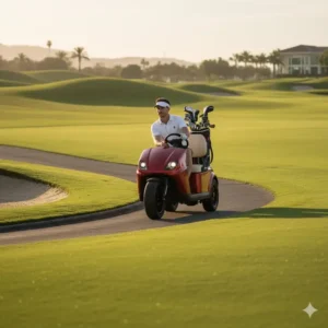 A golfer navigating a narrow path on a green with their highly maneuverable 3 wheel electric golf cart.