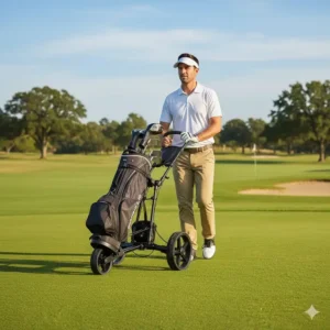 A golfer easily maneuvers the 2 wheel golf push cart across the green.