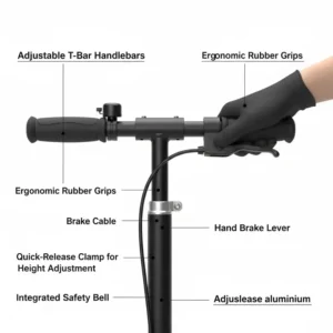 Detail of the adjustable handlebars and reliable hand brake on the 2 foot scooter.