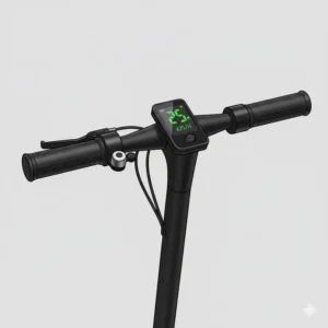 Detail view of the ergonomic handlebars and essential controls of a 2 wheeled stand up scooter.