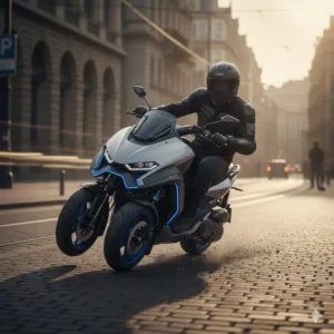 Rider confidently leaning a scooter with two wheels in front through a curve.