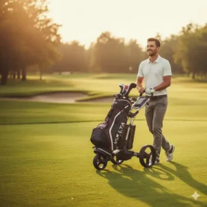 A person easily pushing a lightweight 3 wheel electric golf cart down a fairway, demonstrating its ease of maneuverability.