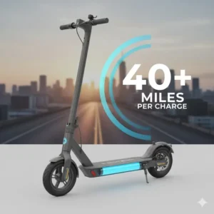 A visual of the lithium-ion battery pack, emphasizing the extended range of the 2 wheel electric scooter on a single charge.