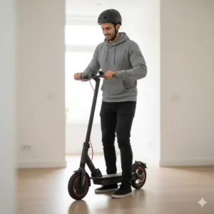 A man effortlessly folding a lightweight electric scooter to carry indoors. 