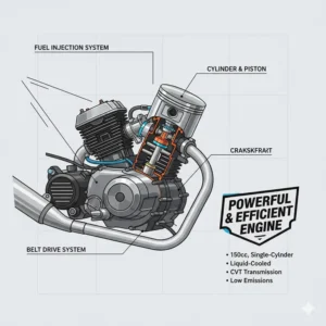 Detailed view of the reliable, fuel-efficient engine powering a robust 2-seater moped. 