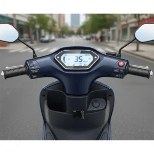 Checking the ample under-seat storage compartment of a 2 seater scooter street legal.