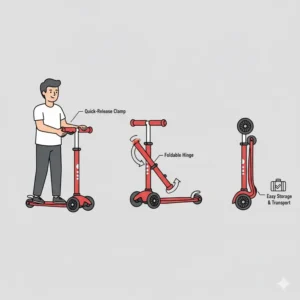 A parent effortlessly folding a compact two wheel scooter for kids for easy storage and transportation.