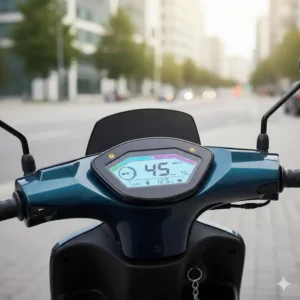 Clear digital dashboard display showing speed and battery level on the 2 seater electric scooter. 