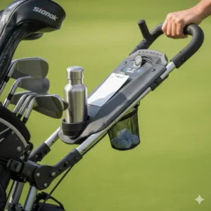 Detail view of the adjustable handle and accessory console with cup holder and scorecard clip on the modern 2 wheel golf buggy.